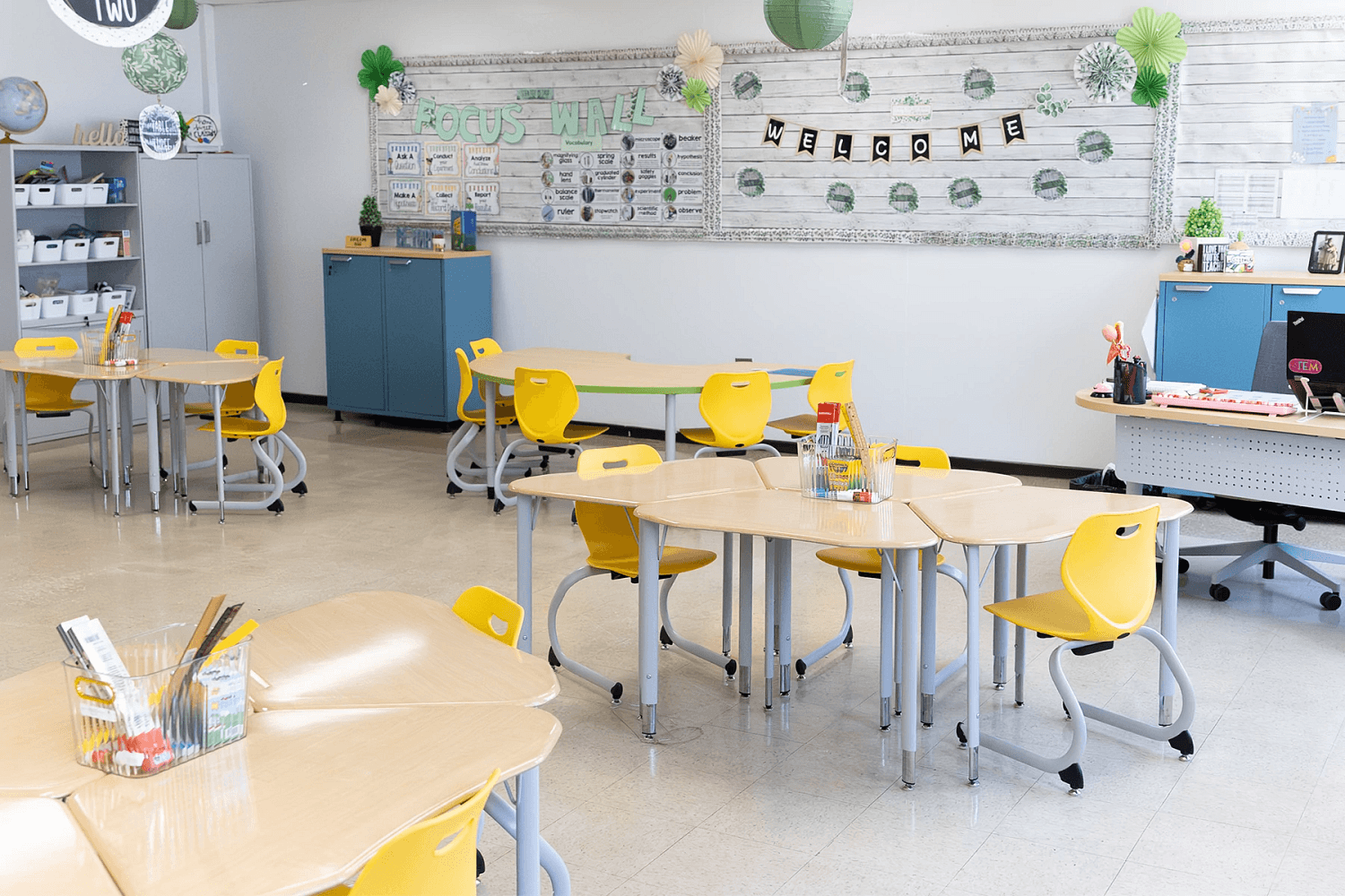 Modern classroom furnished with collaborative student desks and chairs in a private school setting