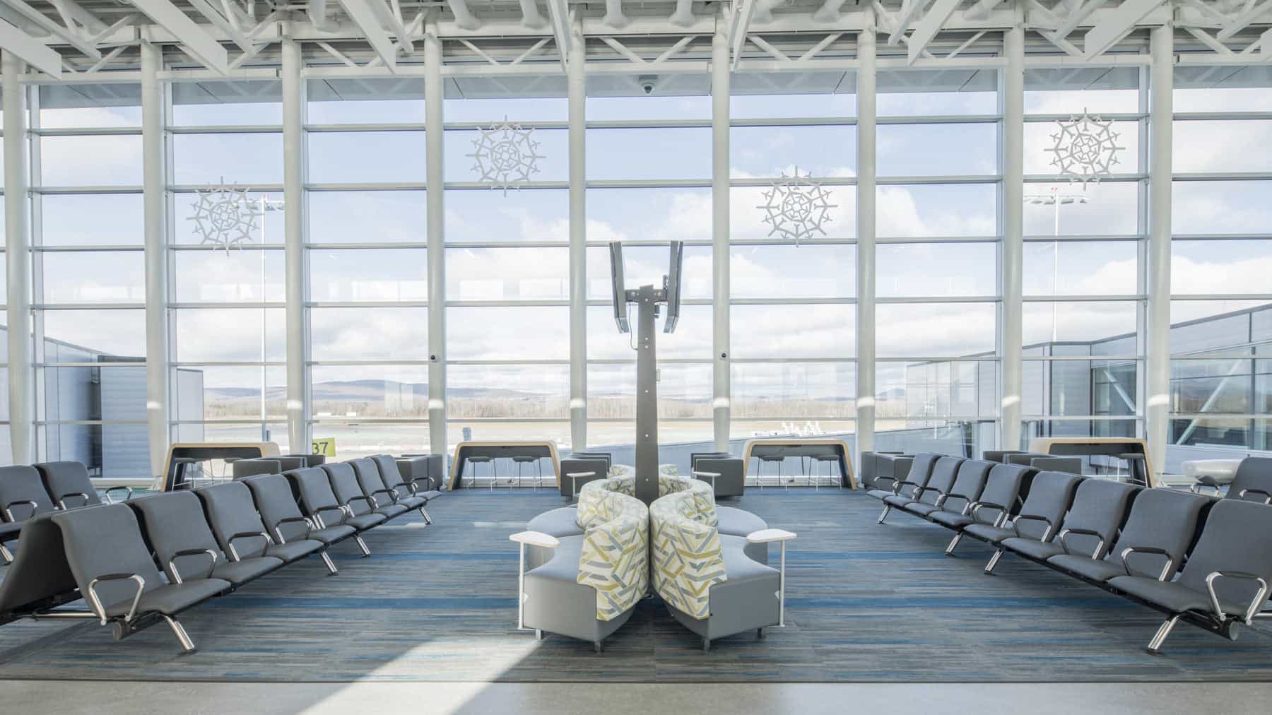 Modern airport terminal seating and lounge area with durable high-traffic furniture