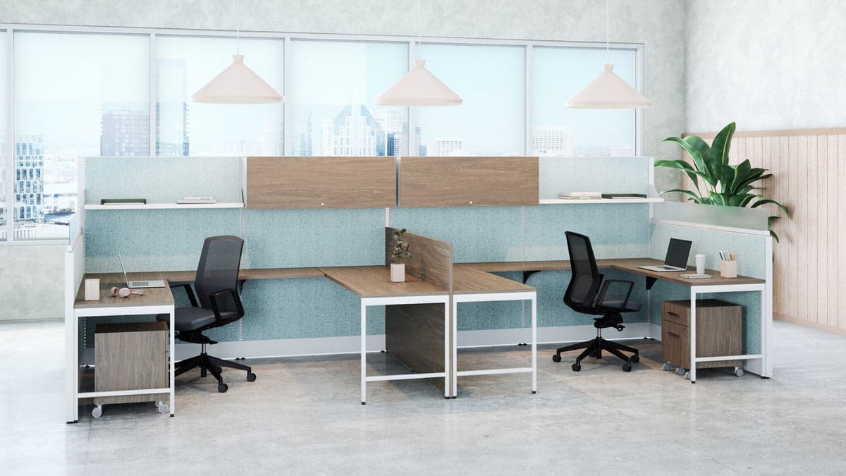 Modern open-plan office with panel-based cubicle workstations and ergonomic task chairs in Florida
