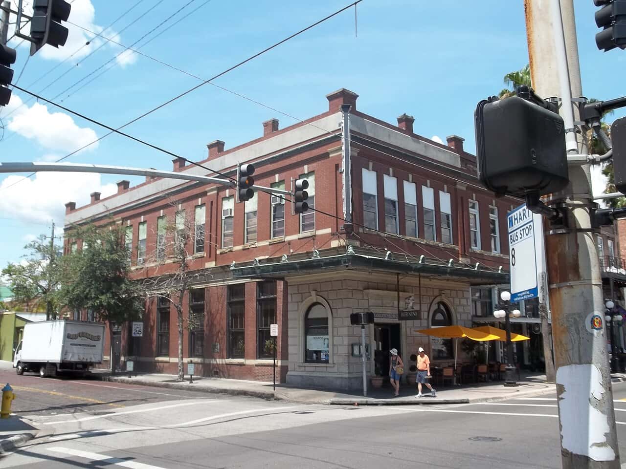 Historic brick storefronts in the Ybor City district of Tampa, Hillsborough County, Florida