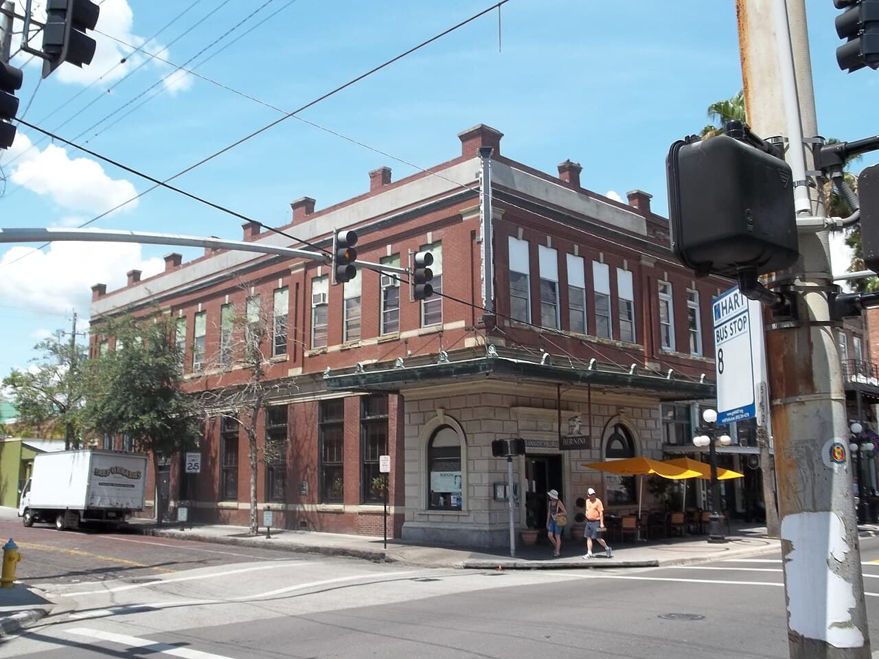 Historic brick storefronts in the Ybor City district of Tampa, Hillsborough County, Florida