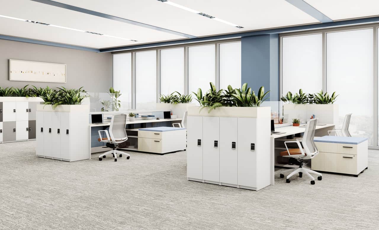 Bright open-plan office with benching workstations and planter-topped storage